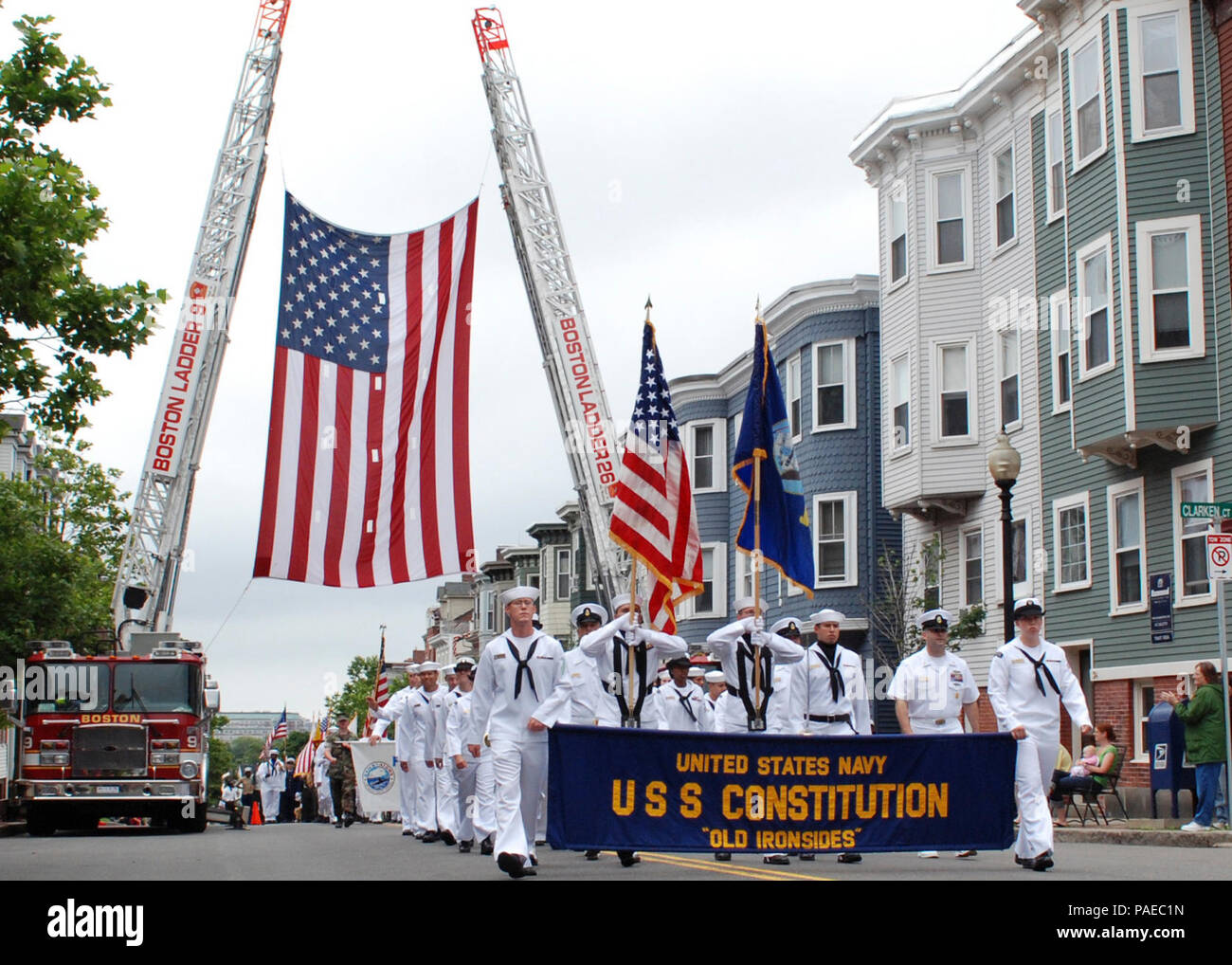 Sailors assigned to USS Constitution march in the Bunker Hill Day