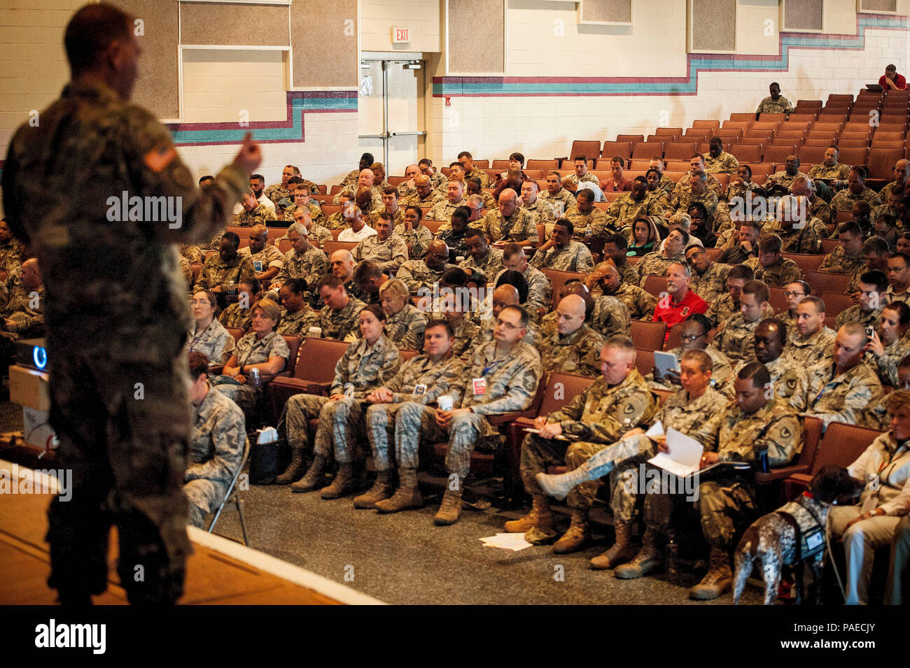 U.S. Army Lt. Col. Mike Conroy stationed at Redstone Arsenal, Ala., briefs  Operational Contract Support Joint Exercise 2016 participants during the academics week of the OCSJX-16, March 28, 2016, at Fort Bliss, Texas. This exercise provides training across the spectrum of OCS readiness from requirements and development of warfighter staff integration and synchronization through contract execution supporting the joint force commander. (U.S. Air Force photo by Tech. Sgt. Manuel J.Martinez/Released) Stock Photo