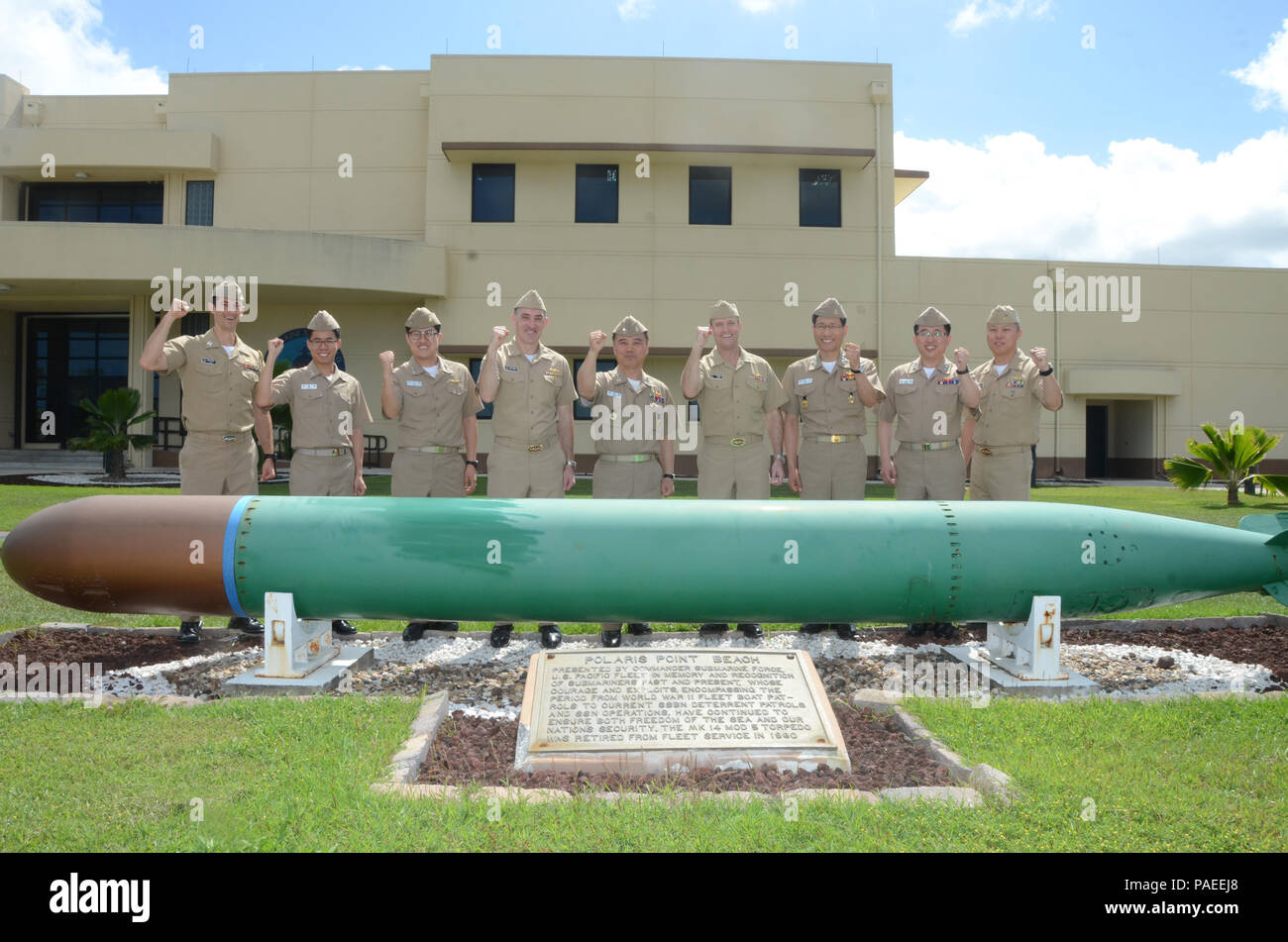 160331-N-YM720-294 SANTA RITA, Guam (March 31, 2016) Members of the U.S. and Republic of Korea (ROK) submarine forces pose outside Submarine Squadron (SUBRON) 15 at Polaris Point, Naval Base Guam, to celebrate the conclusion of the 43rd Submarine Warfare Committee Meeting (SWCM). SWCM is a bilateral discussion between the U.S. and ROKN submarine forces designed to foster the partnership and focuses on submarine tactics, force integraton and future submarine development. (U.S. Navy photo by MC3 Allen McNair/Released) Stock Photo