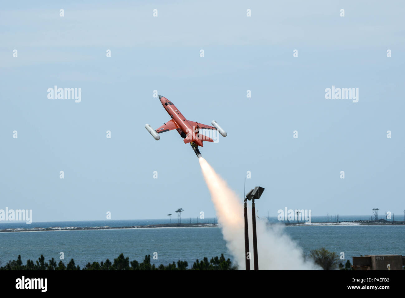 A MQM107D Streaker subscale drone takes off from the launch pad at