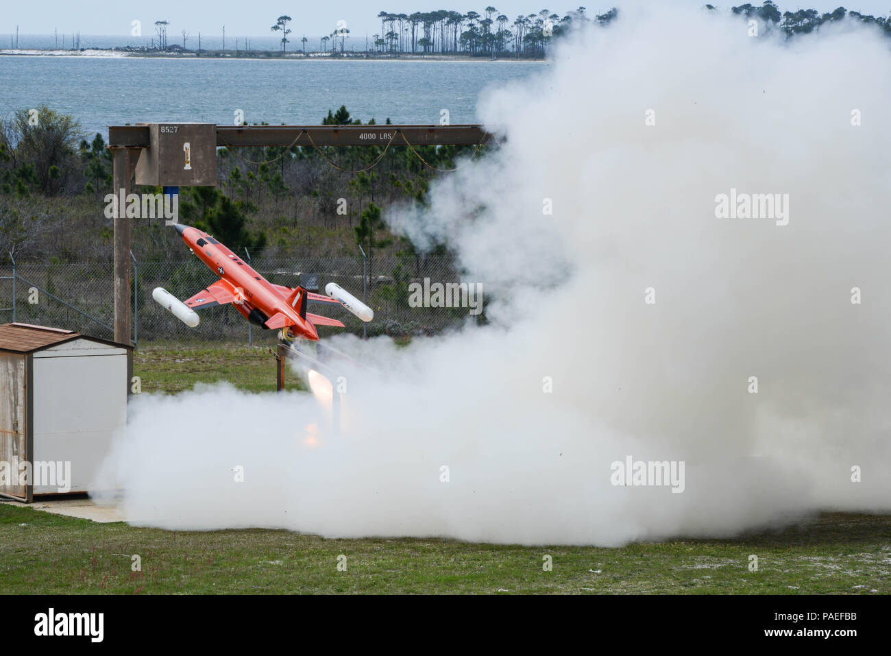 A MQM107D Streaker subscale drone takes off from the launch pad at