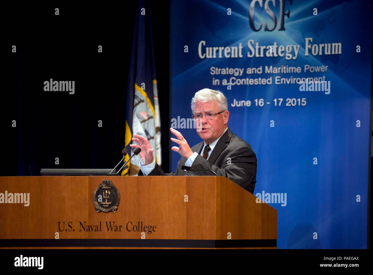Newport, R.I. (June 17, 2015) Carlyle A. Thayer, Professor Emeritus at the University of South Wales at the Australian Defence Force Academy, speaks during the U.S. Naval War College (NWC) 2015 Current Strategy Forum in Newport, R.I. As NWC's capstone event, the two-day forum brings together students and distinguished guests to explore issues of strategic national importance. This year's theme, 'Strategic and Maritime Power in a Contested Environment,' focused on the critical problems affecting our nation's security and well-being. Stock Photo