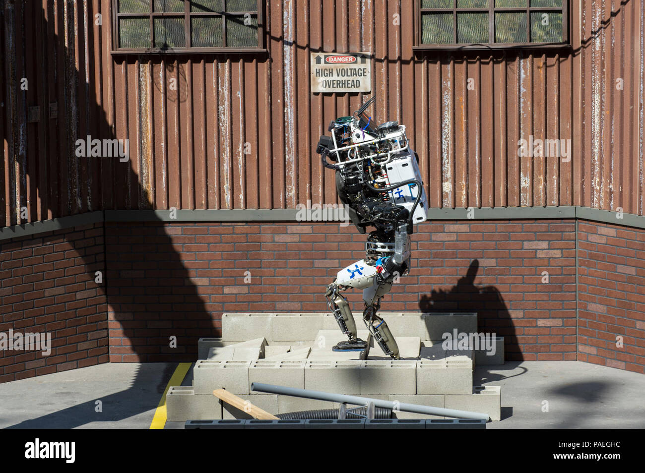 POMONA, California (June 6, 2015) A robot from the Institute of Human and  Machine Cognition (IHMC) located in Pensacola, Florida, makes its way  through the simulated disaster course on its way to