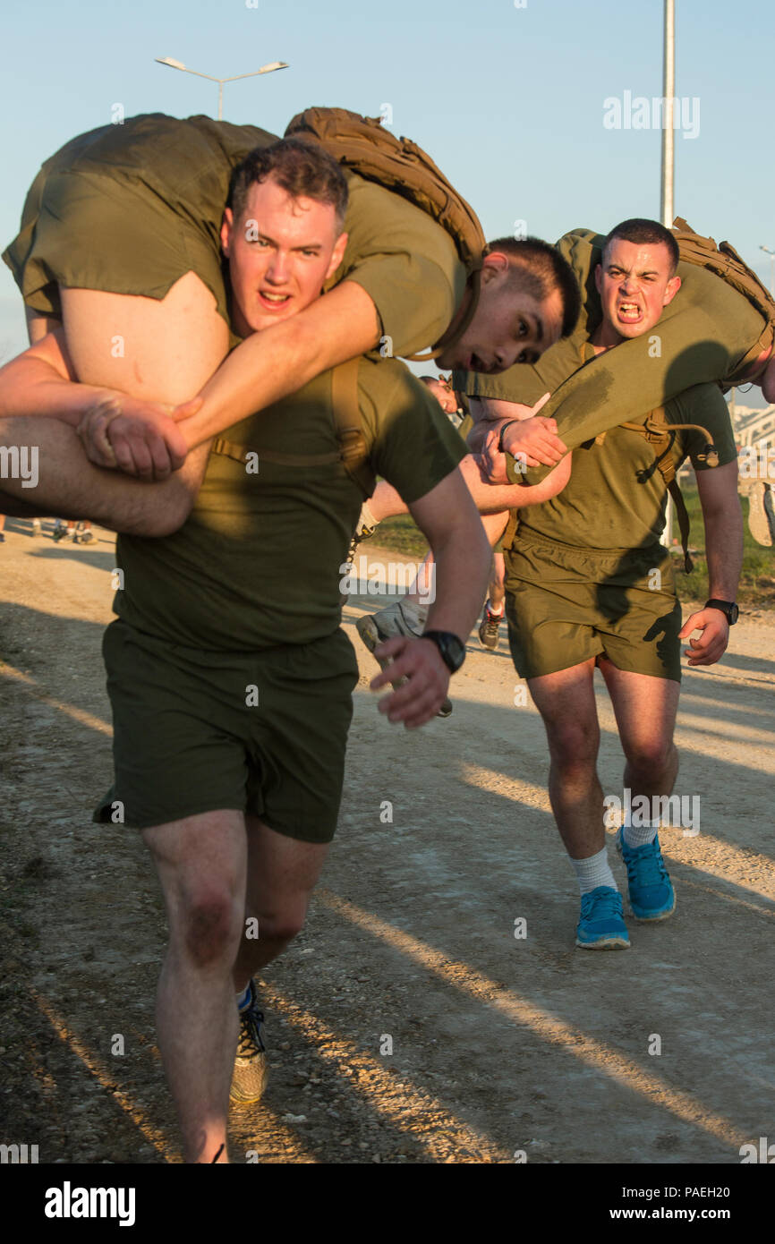 U.S. Marines with Black Sea Rotational Force take turns fireman ...