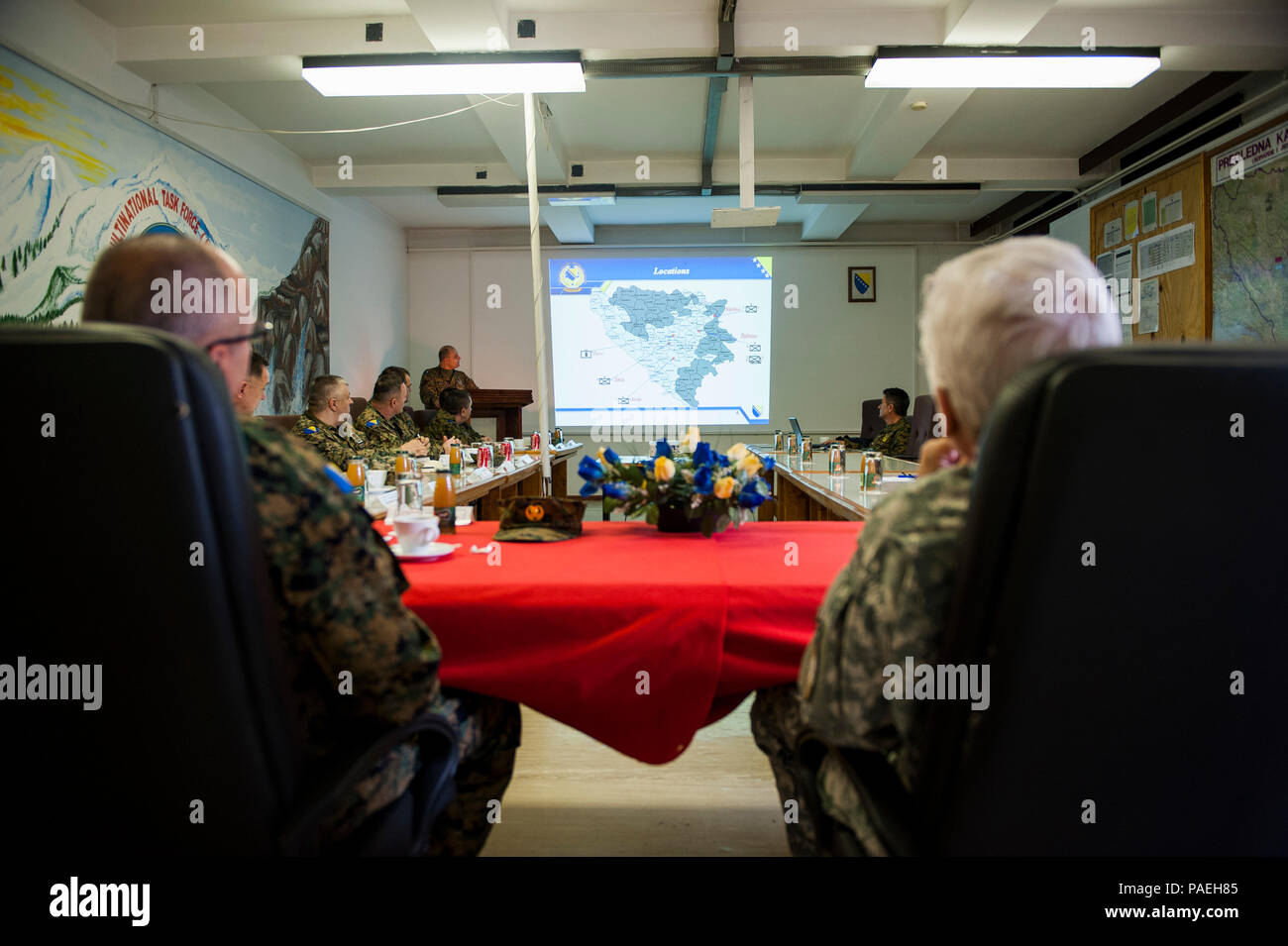 U.S. Army Brig. Gen. Giselle Wilz, NATO Headquarters Sarajevo commander, receives a mission briefing during a visit to 5th Brigade at Dubrave Barracks, Bosnia and Herzegovina, March 30, 2016. Wilz visited to meet with brigade leadership and familiarize herself with the base and it's mission. (U.S. Air Force photo by Staff Sgt. Clayton Lenhardt/Released) Stock Photo