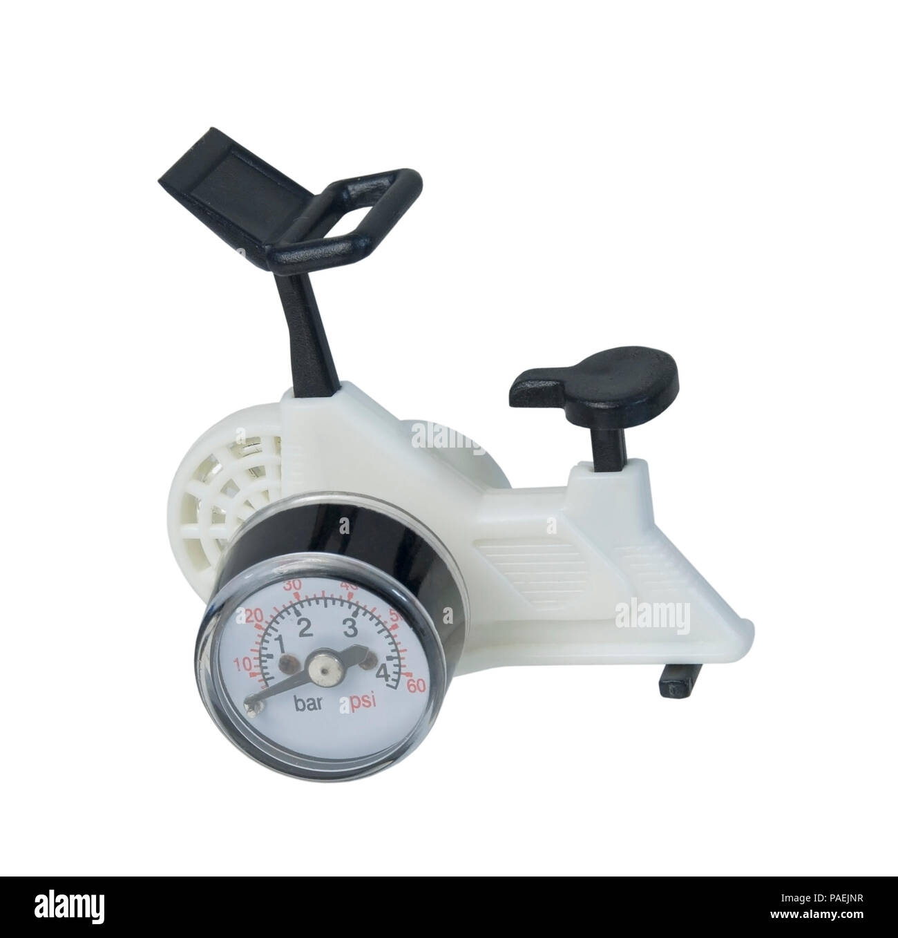 White Exercise Bike for fitness with gauge on the side - path included Stock Photo
