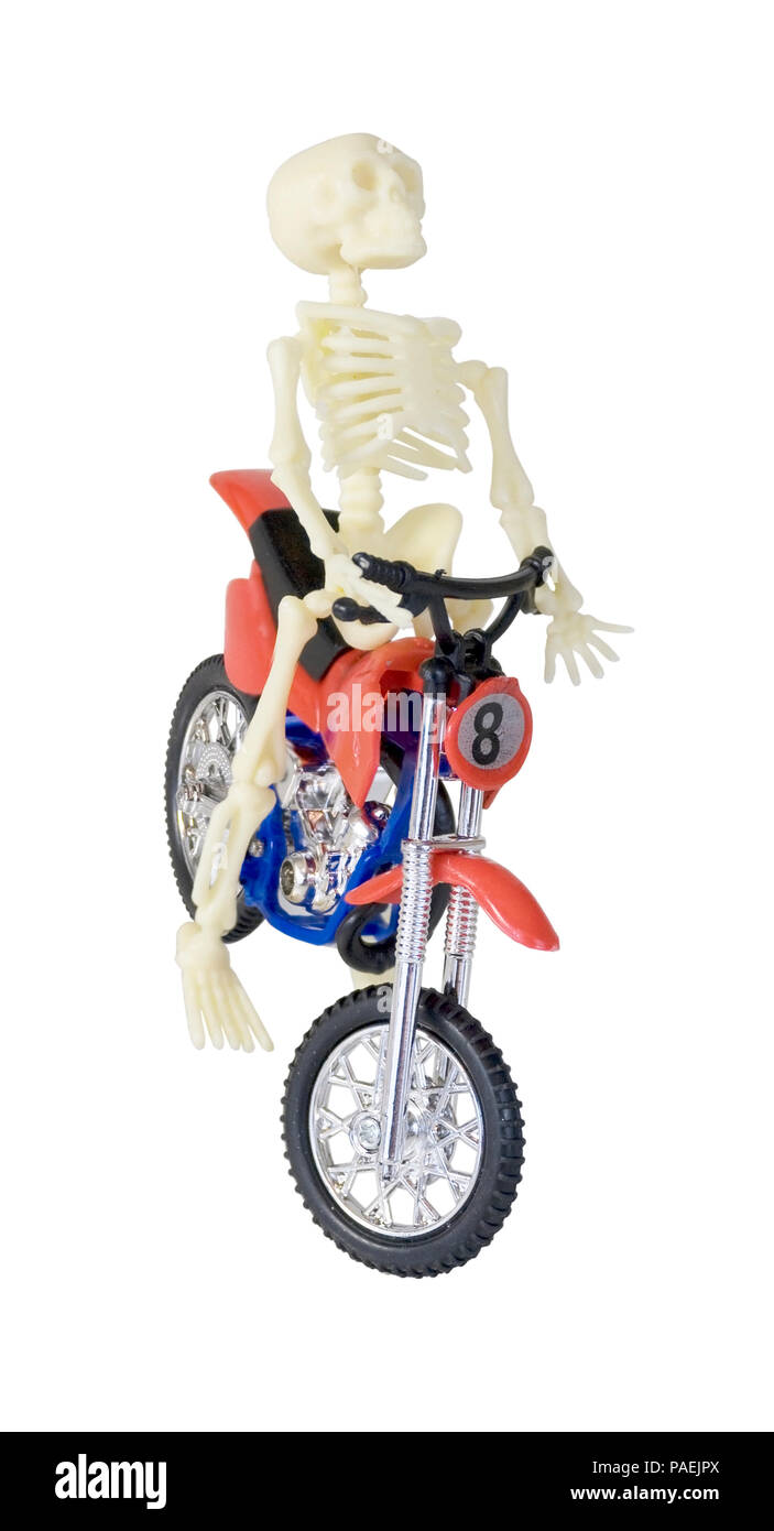 Skeleton riding Motorcycle Three Quarter View - path included Stock Photo