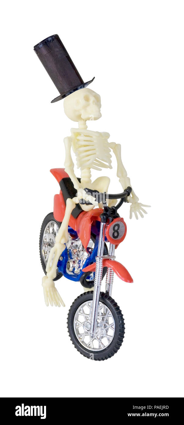 Skeleton in Top Hat Riding Motorcycle - path included Stock Photo