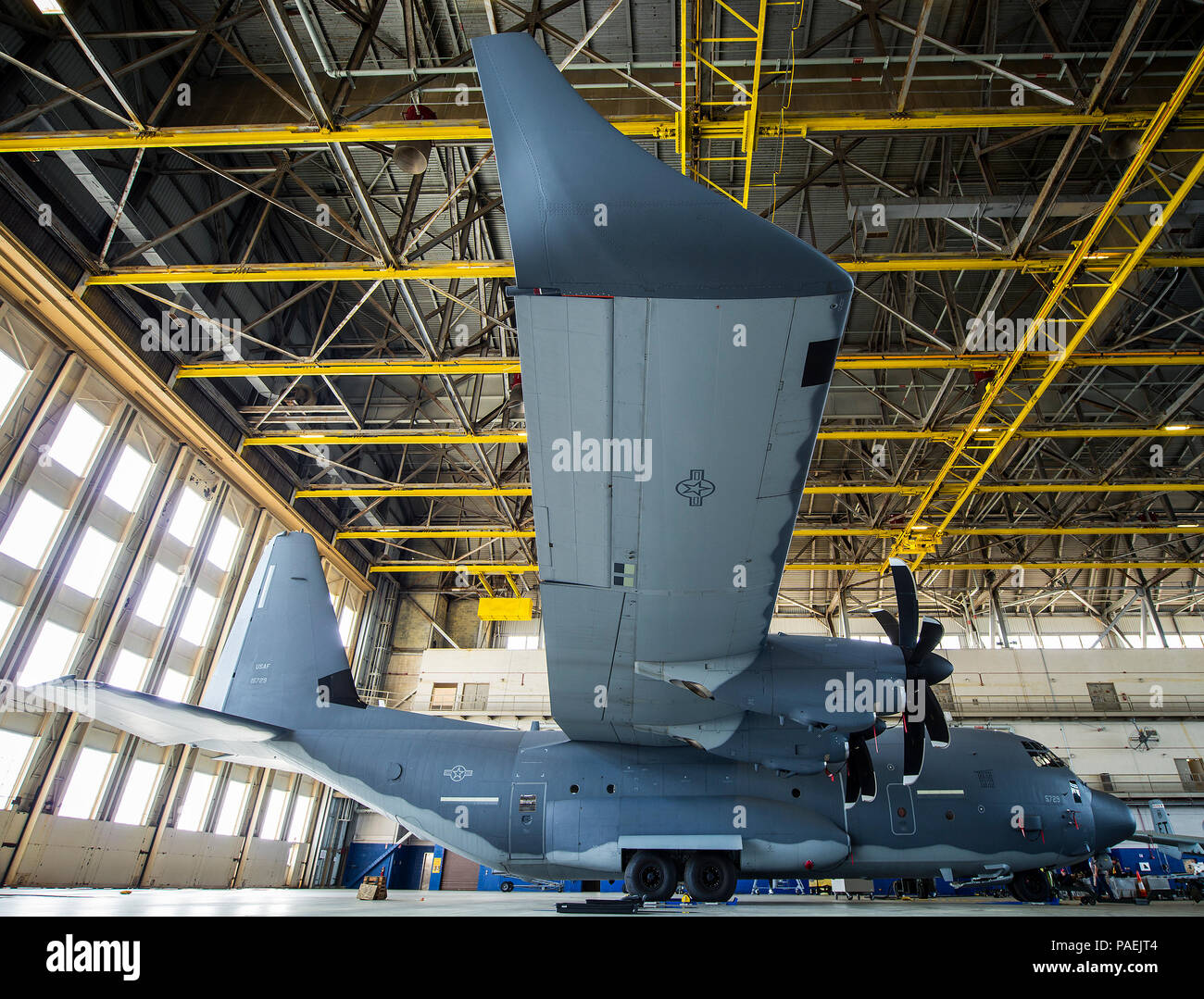 An MC130J test aircraft sits in King Hangar awaiting its next mission