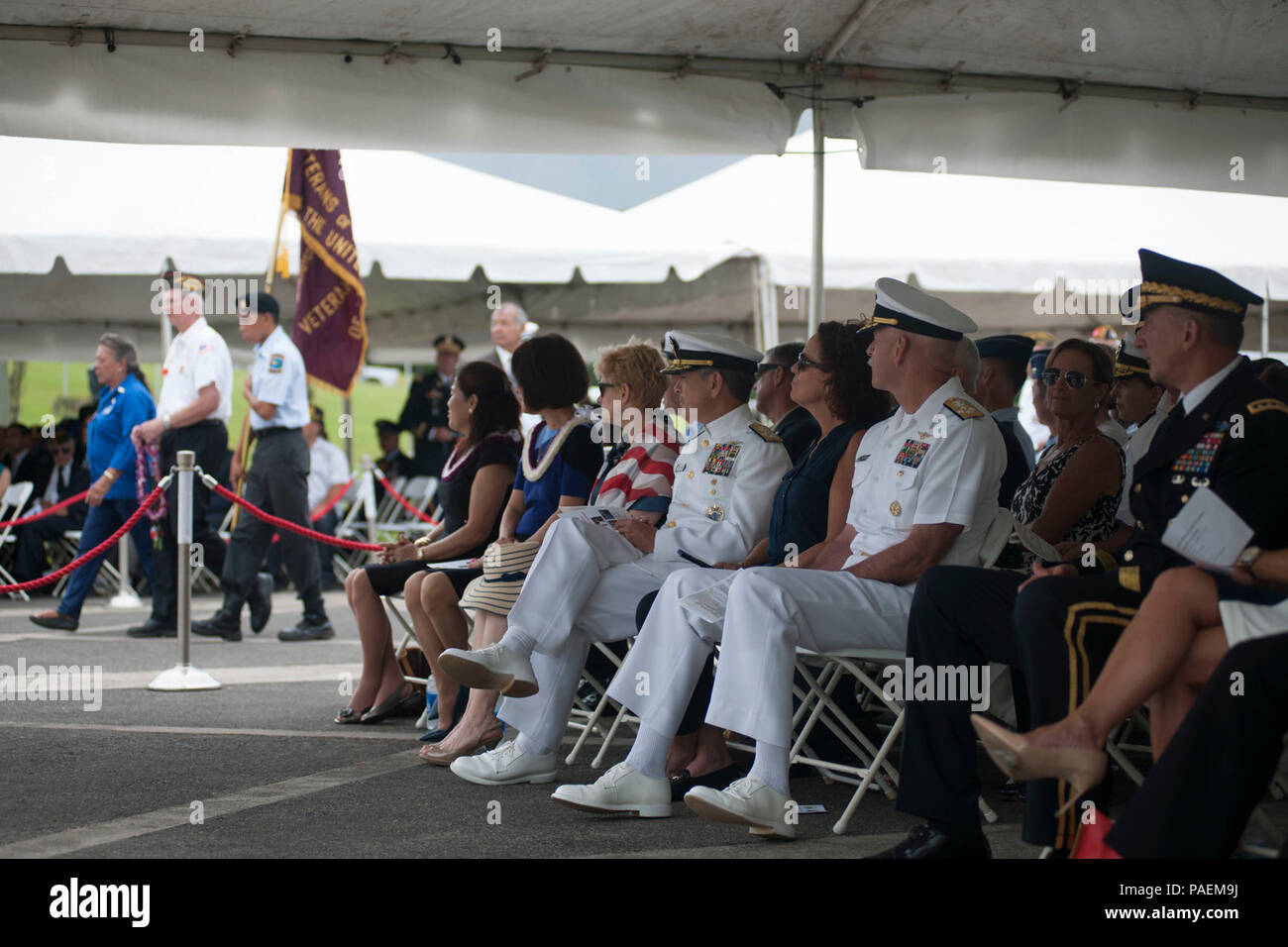 KANEOHE, Hawaii (May 30, 2016) Commanders of: U.S. Pacific Command, U.S. Pacific Fleet, U.S. Pacific Air Forces, U.S. Army Pacific, U.S. Marine Forces Pacific and U.S. Coast Guard 14th District watch a presentation of floral leis during the 2016 Governor’s Memorial Day Ceremony at the Hawaii State Veterans Cemetery in Kaneohe, Hawaii. The theme for this year’s event is: “Sacrificed All to Preserve Liberty.” Stock Photo