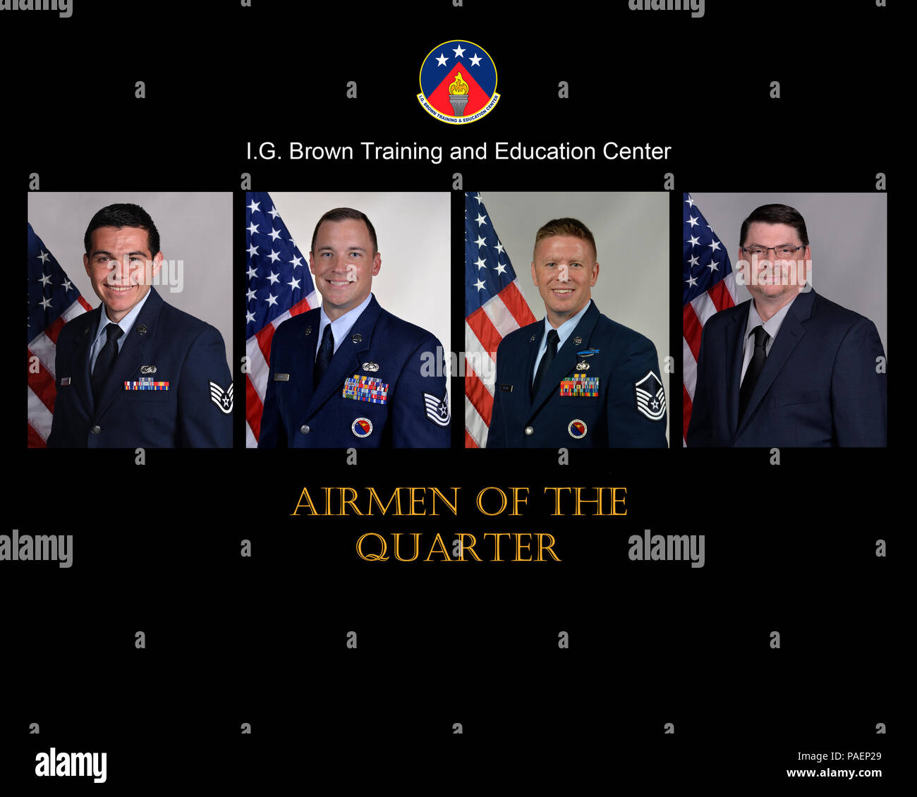 The Air National Guard, I.G. Brown Training and Education Center's outstanding Airman of the Second Quarter Staff Sgt. Rickey L. Castorena-Ramirez, NCO of the Quarter Tech. Sgt. Michael Beiting, Senior NCO of the Quarter Master Sgt. W. Paul Bryant, and Civilian of the Quarter, Category III Larry McCoy in 2018. (U.S. Air National Guard photo illustration) Stock Photo