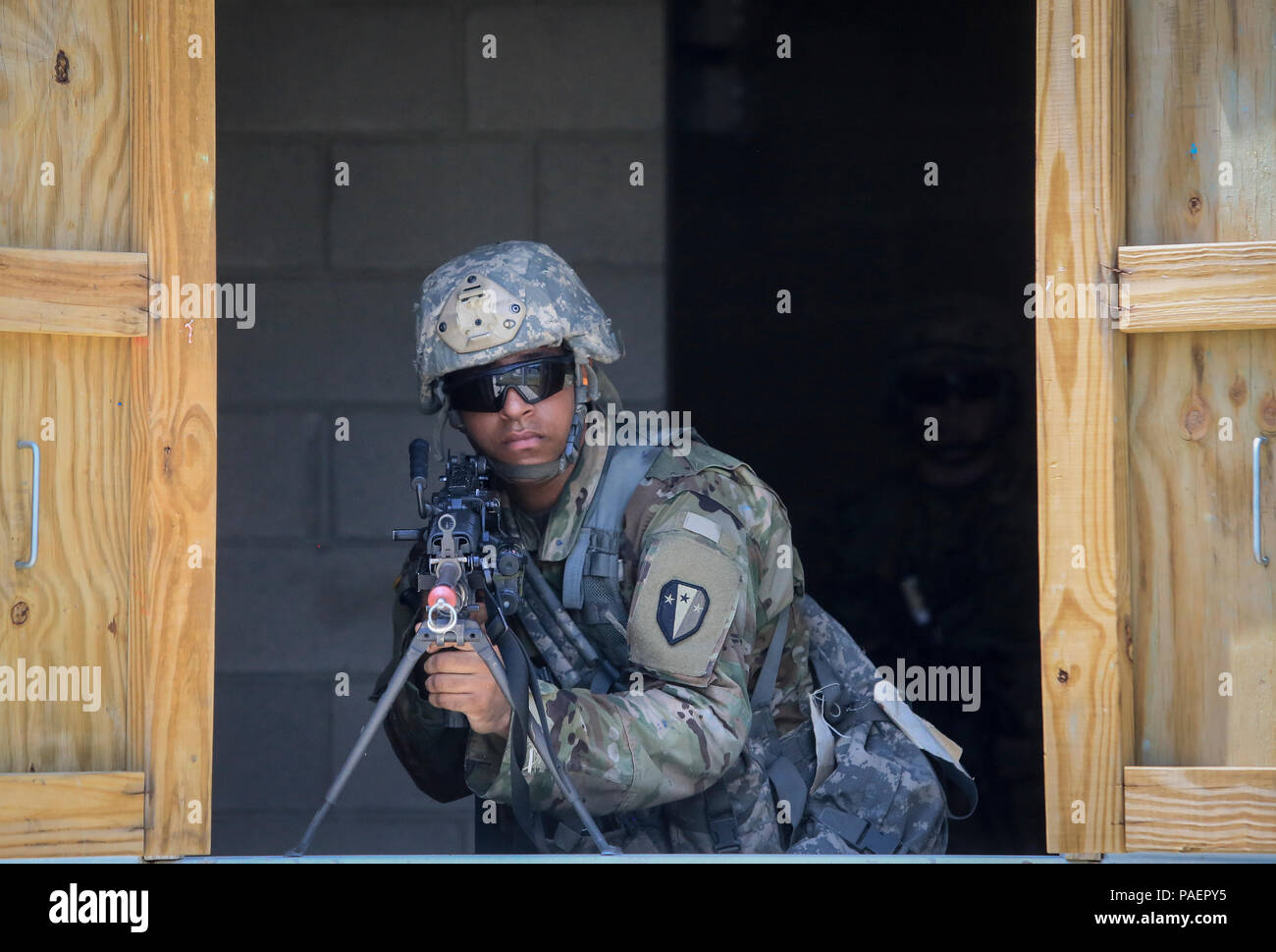 A U S Army National Guard M249 Gunner From Bravo Company 1st Battalion 114th Infantry Air