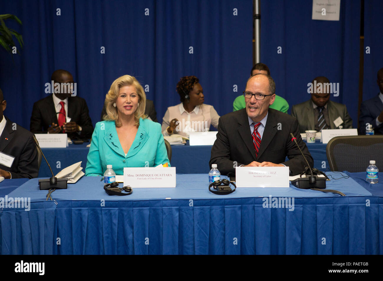 24 June 2015 – Washington, DC – U.S. Secretary of Labor Thomas Perez delivers remarks at the ILAB Cocoa Meetings.  Prior to the start of the meeting Secretary Perez meets with Madame Dominique Ouattara, First Lady of the Republic of Cote D'Ivoire. Stock Photo