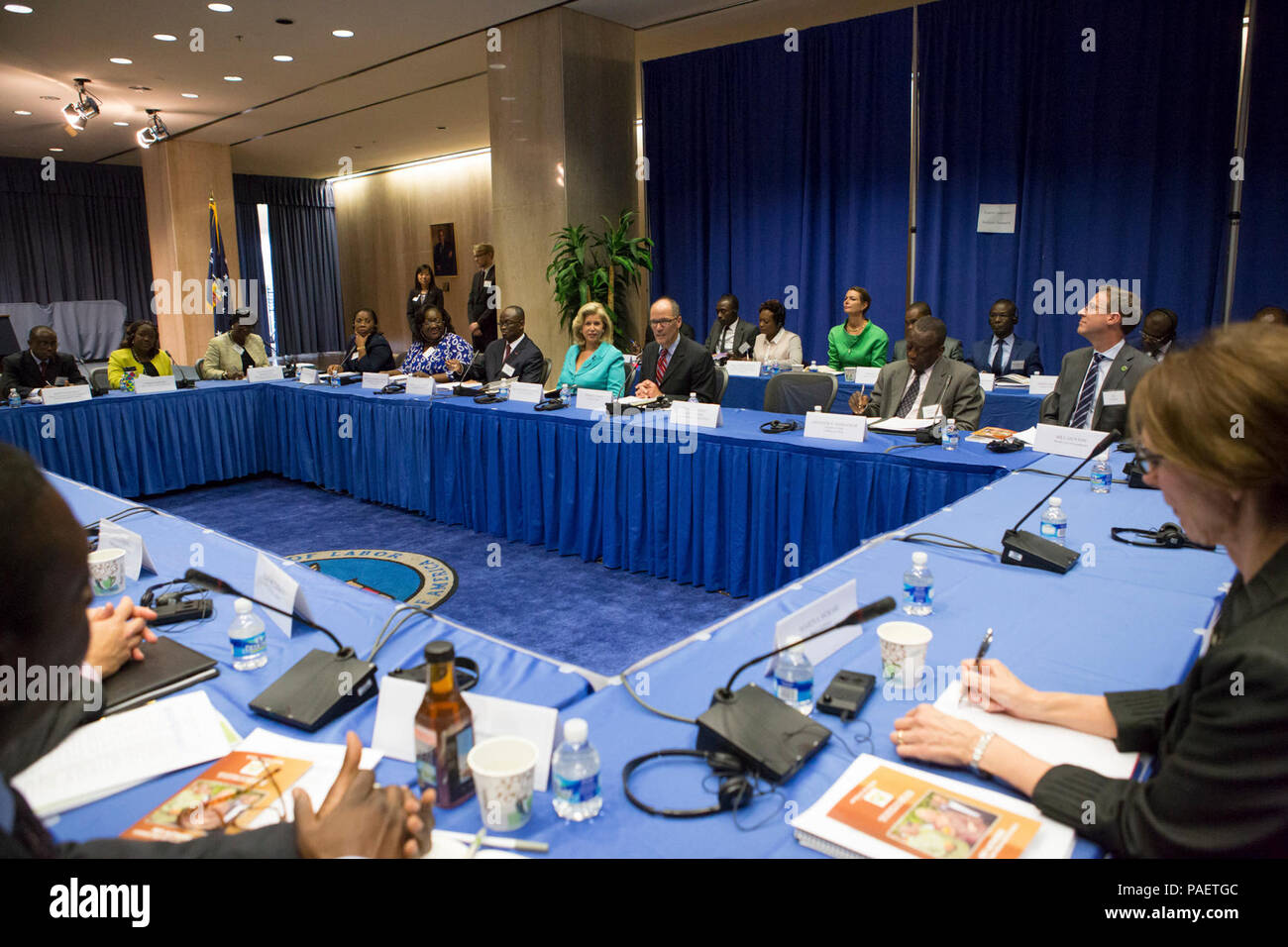 24 June 2015 – Washington, DC – U.S. Secretary of Labor Thomas Perez delivers remarks at the ILAB Cocoa Meetings.  Prior to the start of the meeting Secretary Perez meets with Madame Dominique Ouattara, First Lady of the Republic of Cote D'Ivoire. Stock Photo
