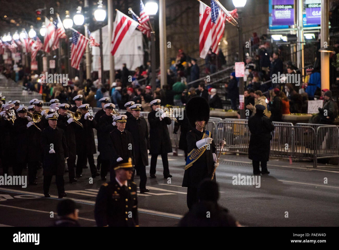 WASHINGTON (Jan. 20, 2017) The U.S. Navy Band marches down Pennsylvania Avenue during the 58th Presidential Inaugural Parade in Washington, D.C.  The Parade was held to celebrate the inauguration of the 45th President of the United States President Donald Trump. Stock Photo