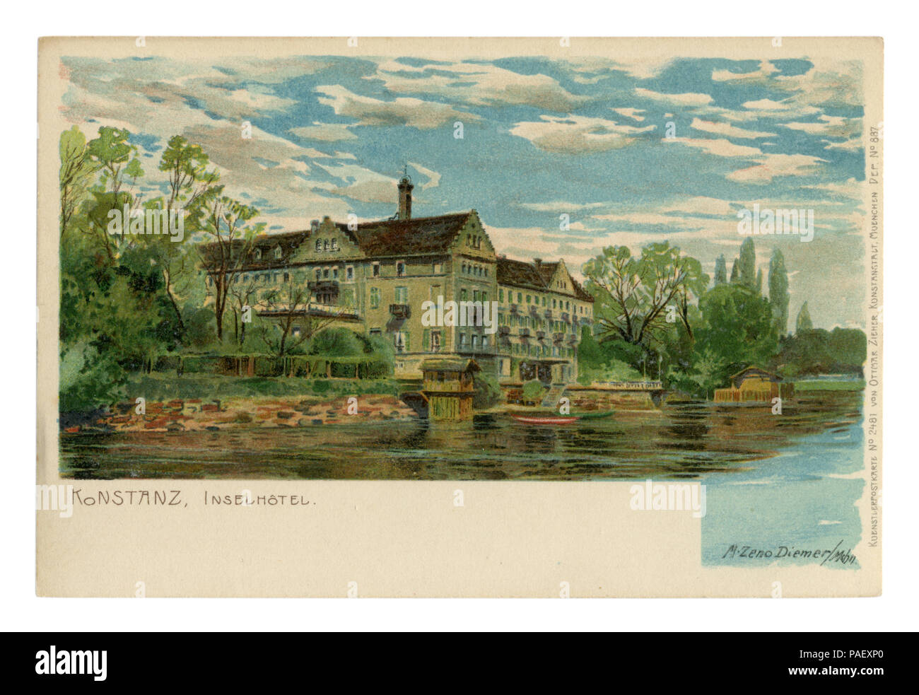 German historical postcard: An advertisement for the hotel. The building on the lake in the shade of trees. Lithography. Konstanz, Inselhotel. Germany Stock Photo