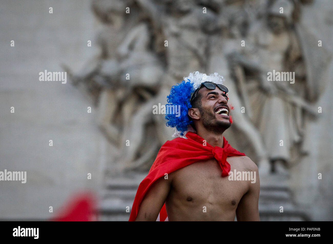 French fans celebrate on the Champs-Elysees avenue after France won the World Cup against Croatia, Paris, France, July 15, 2018. Stock Photo