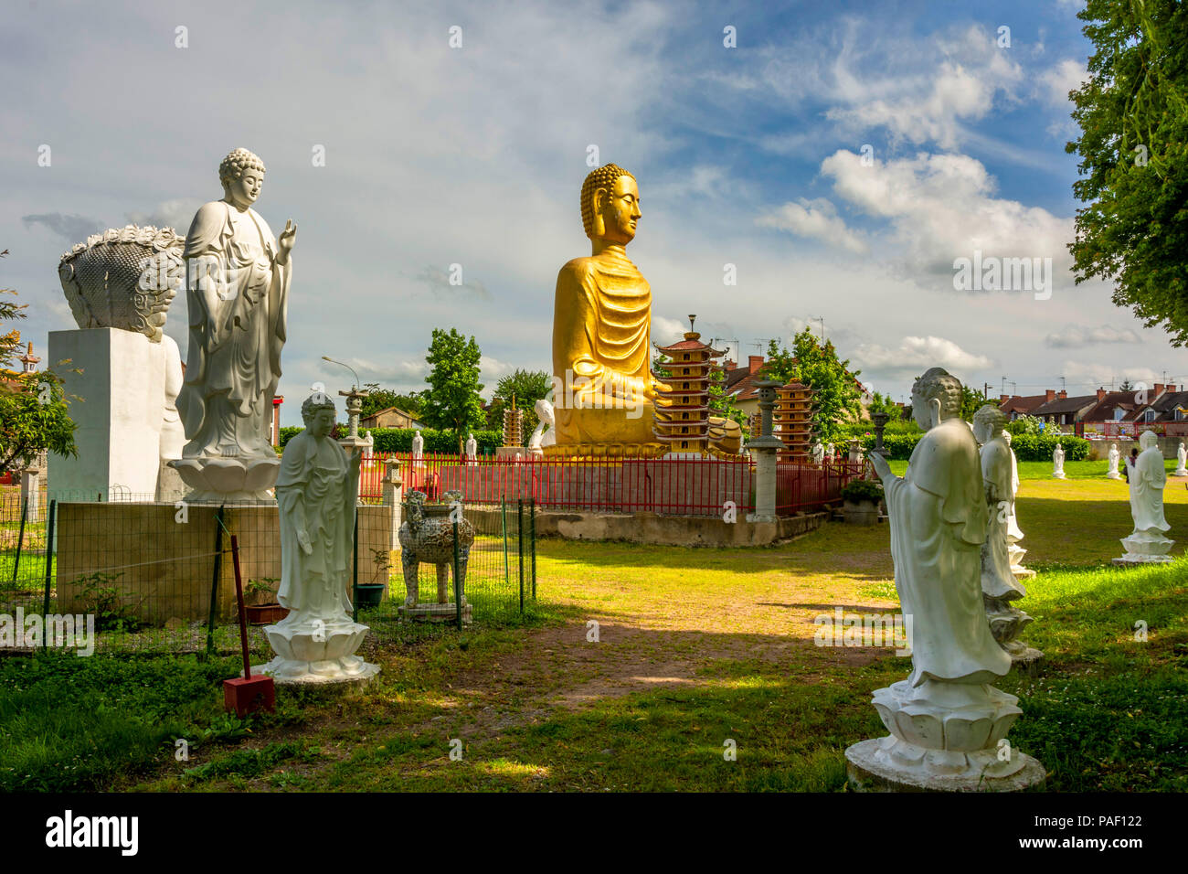 Gold Buddha, Vietnamese pagoda, Noyant d'Allier, Allier department, Auvergne-Rhone-Alpes, France Stock Photo