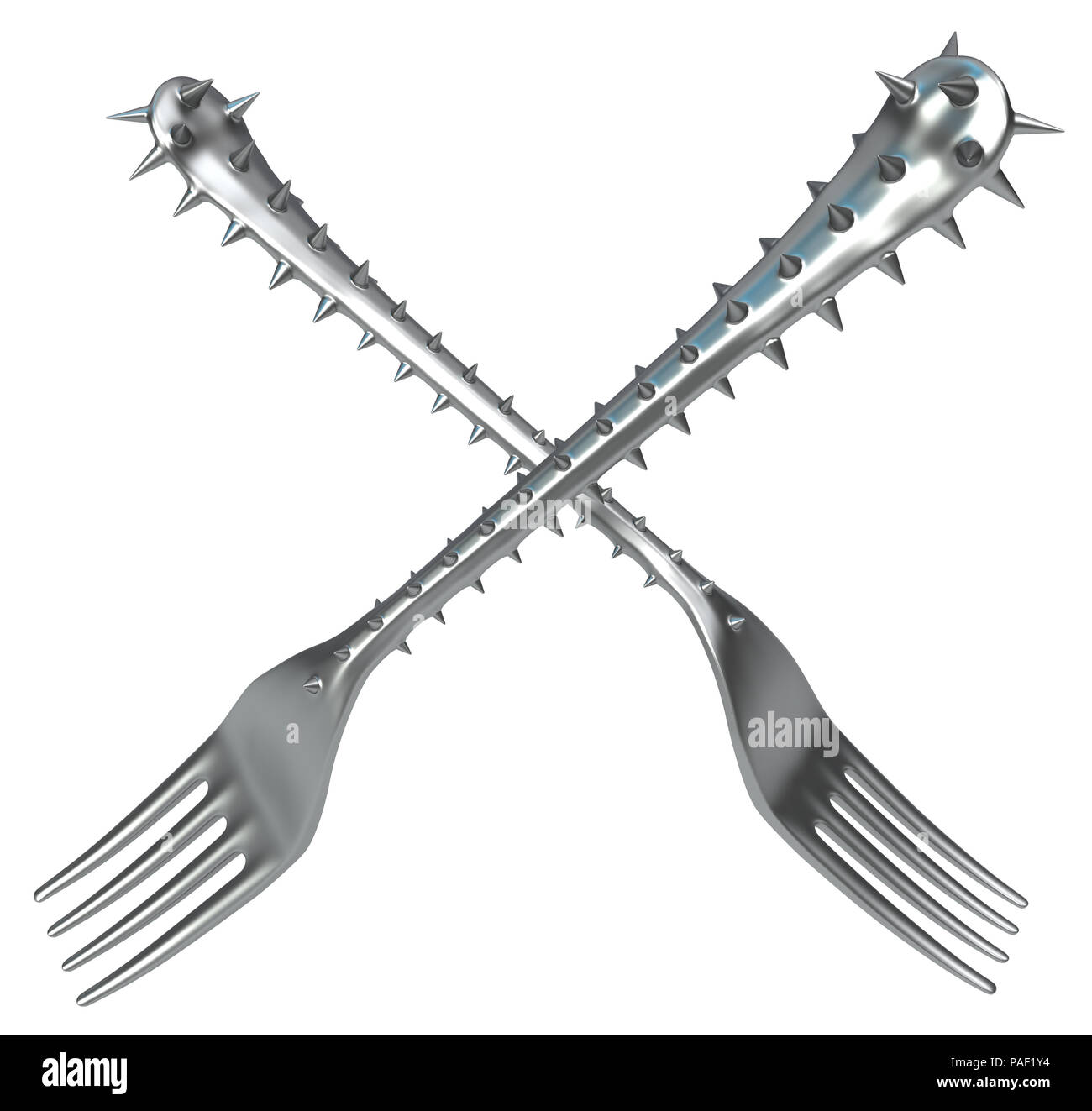 Forks handle covered in sharp spikes, metaphor 3d illustration, horizontal, isolated, over white Stock Photo