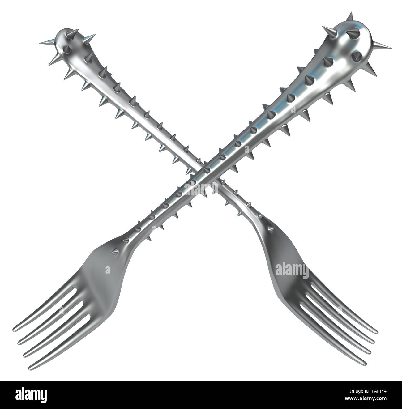Forks handle covered in sharp spikes, metaphor 3d illustration