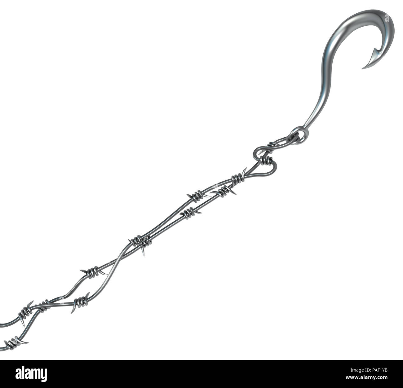 Barbed wire hook, grey metal 3d illustration, isolated, horizontal