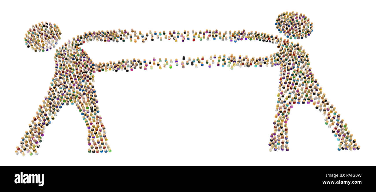 Crowd of small symbolic figures forming big person shape, two sides