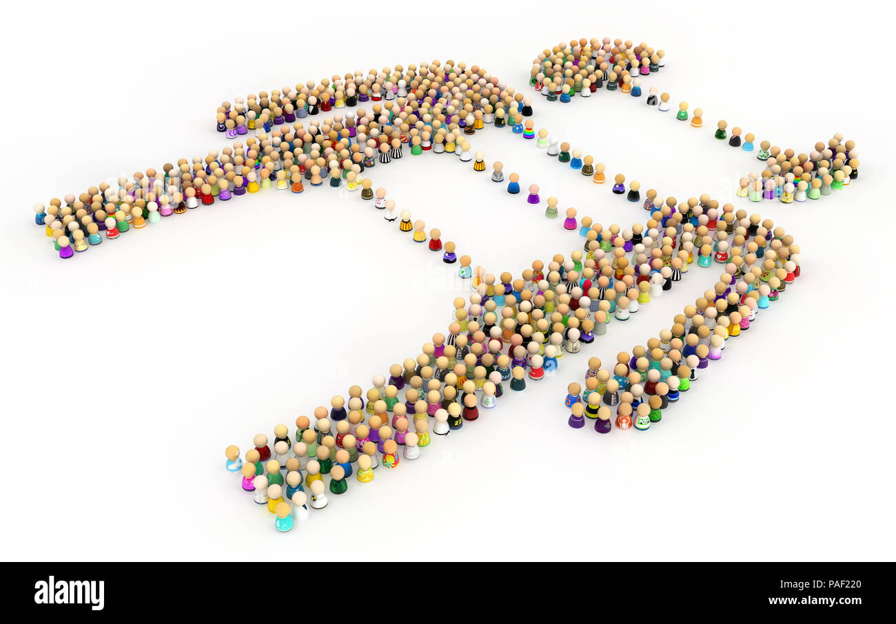 Crowd of small symbolic figures forming big person shape split reunite, 3d illustration, horizontal, isolated, over white Stock Photo