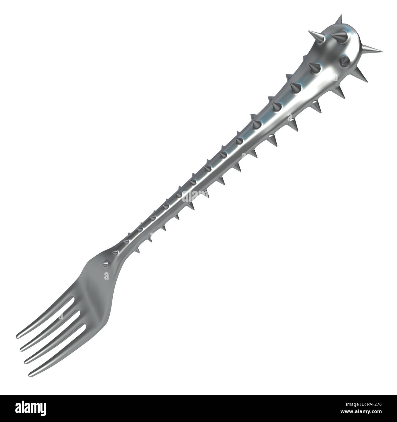 Fork handle covered in sharp spikes, metaphor 3d illustration, horizontal, isolated, over white