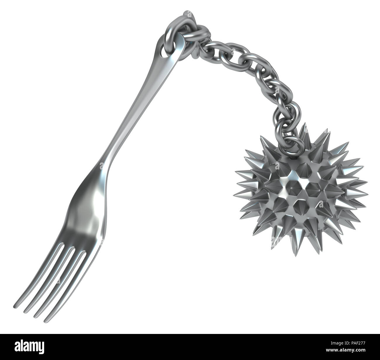 Fork with spiky ball and chain, 3d illustration, horizontal, isolated