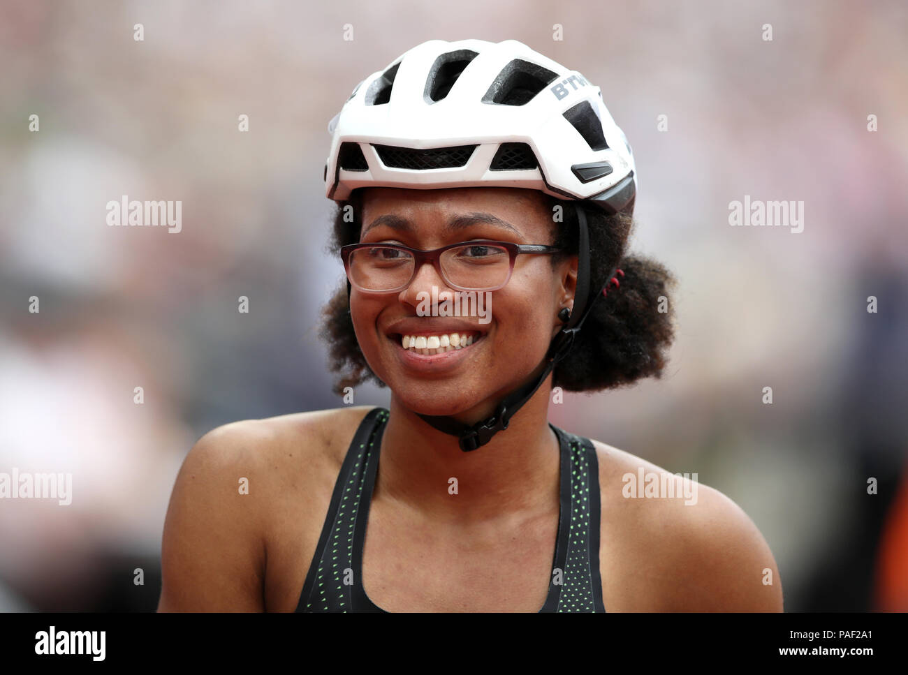 Great Britain's Kare Adenegan smiles after winning the Women's T34 100m during day two of the Muller Anniversary Games at The Queen Elizabeth Stadium, London. Stock Photo