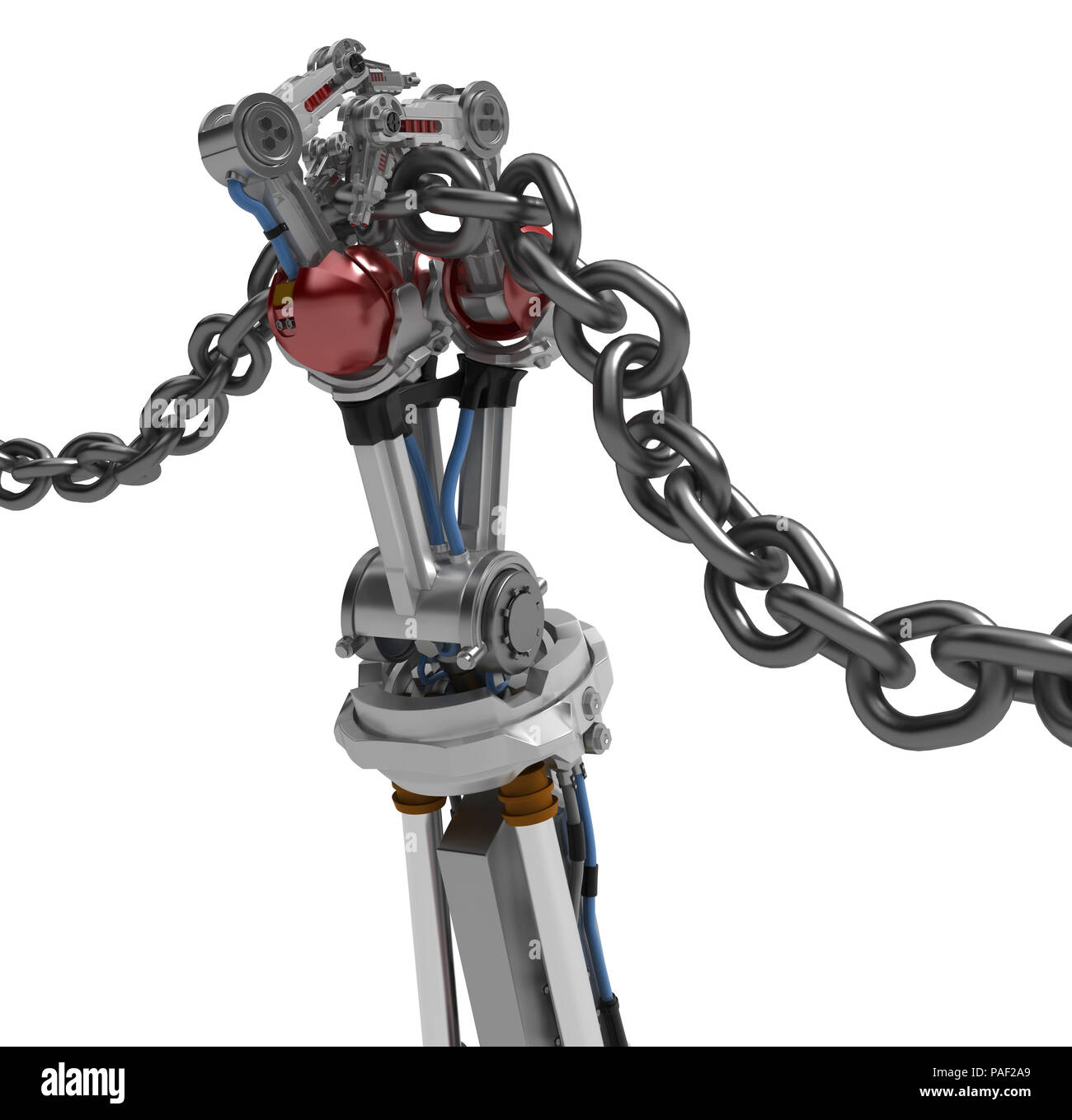 Robotic arm with three fingers, chain grip, 3d illustration, horizontal, over white, isolated Stock Photo