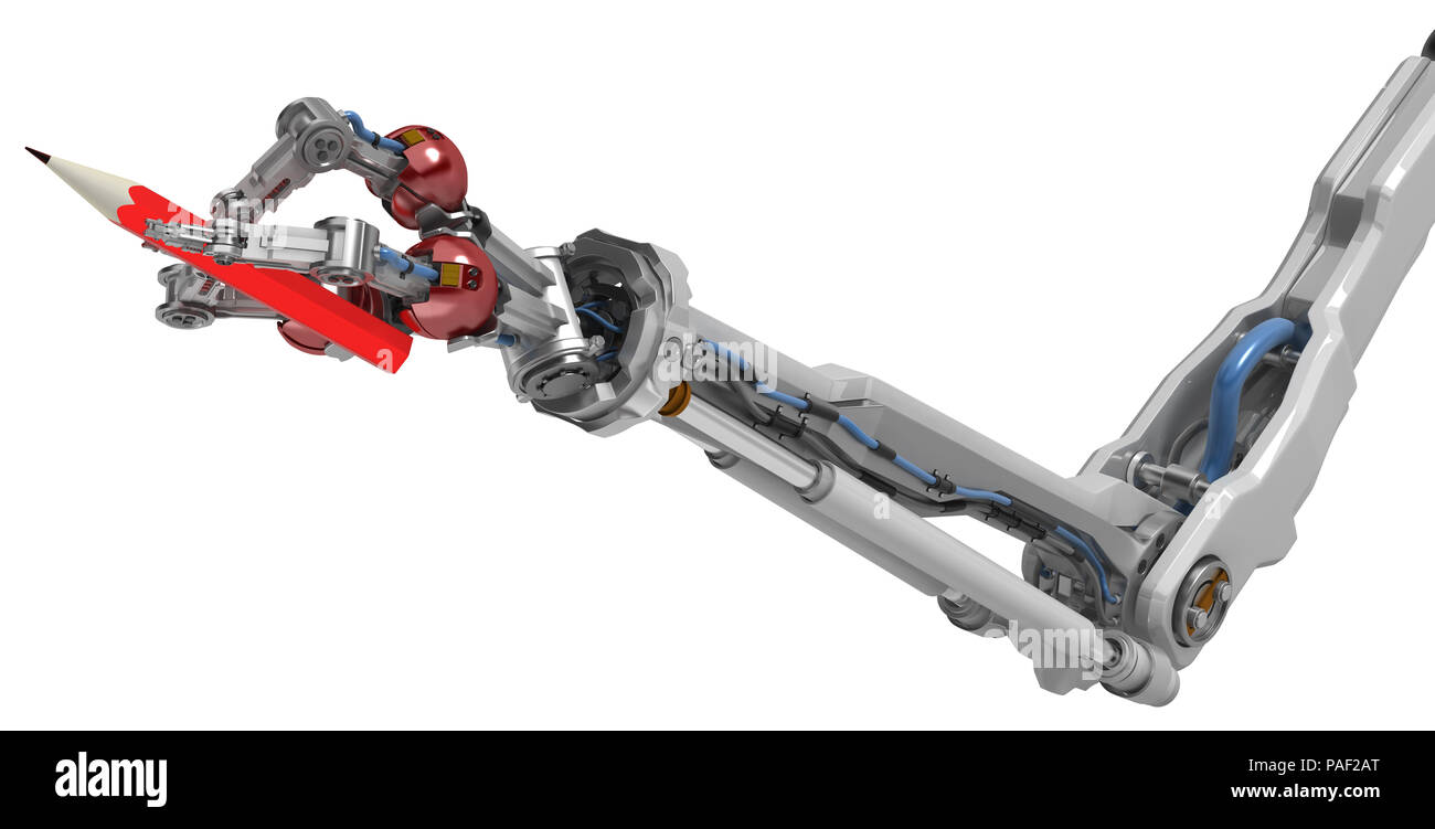 Robotic arm with three fingers, holding up drawing pencil red, 3d ...