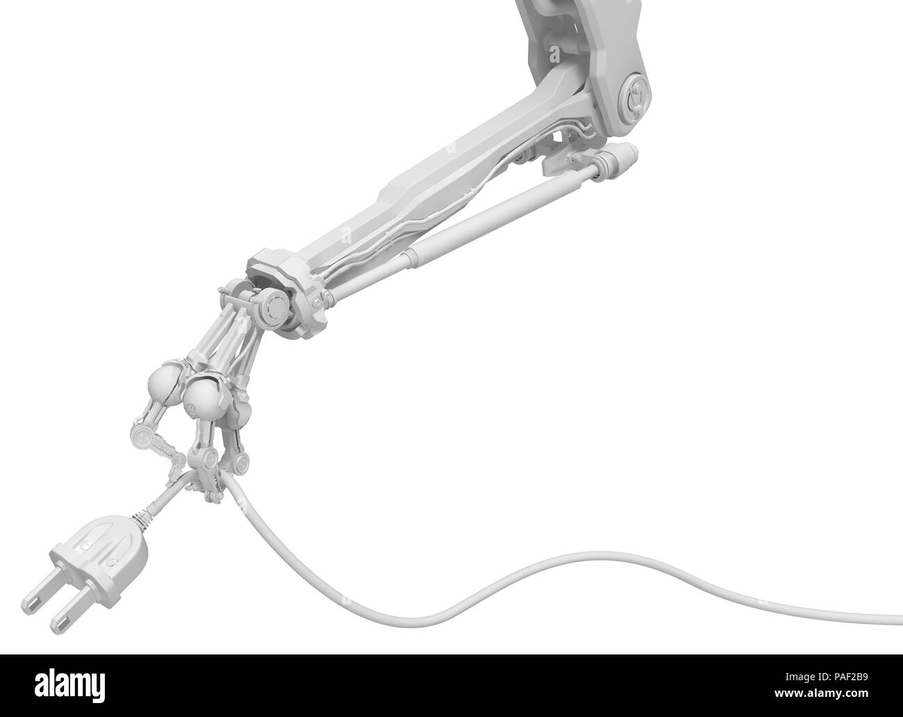 Robotic arm with three fingers white, holding electricity power cable ...
