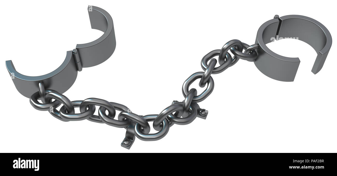 Shackles chain bolted down grey metal 3d illustration, isolated, horizontal, over white Stock Photo