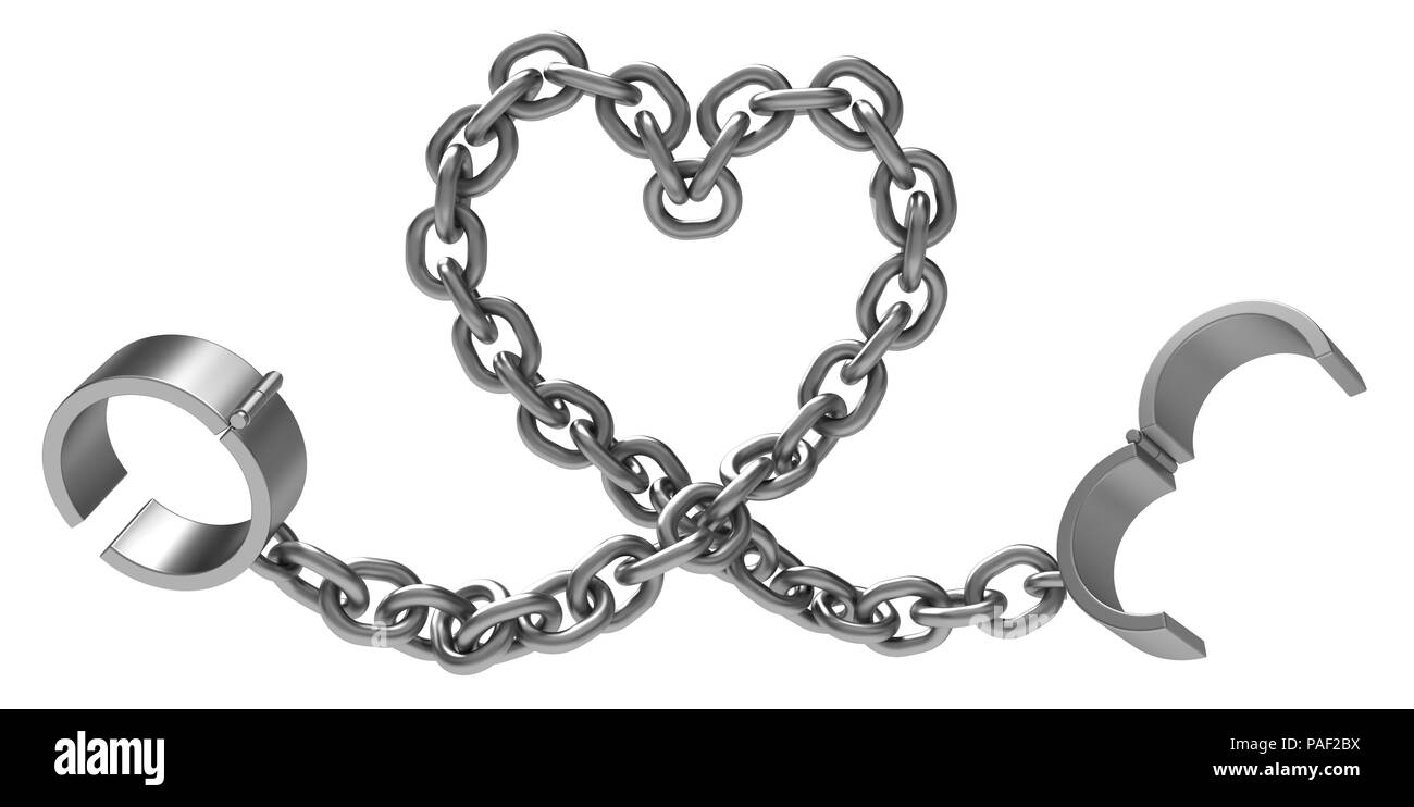 Shackles chain heart shape grey metal 3d illustration, isolated