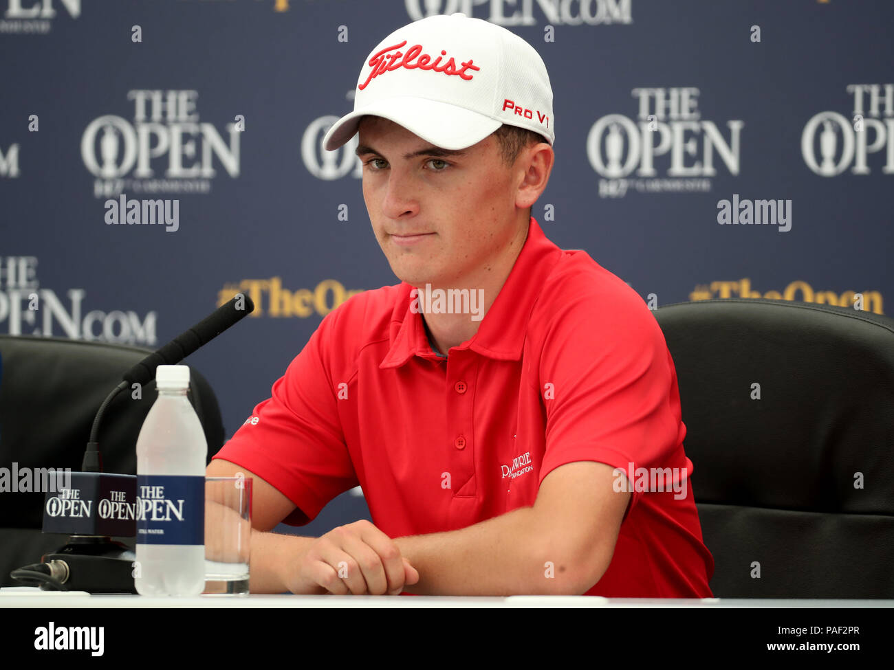 Scotland's Sam Locke in a press conference after winning the silver medal for best amateur during day four of The Open Championship 2018 at Carnoustie Golf Links, Angus. Stock Photo