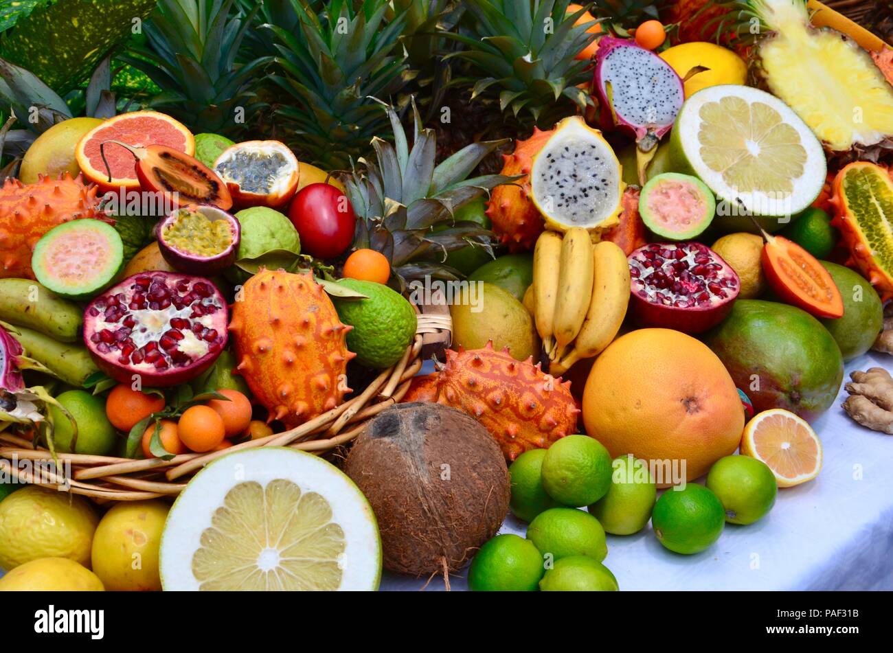 Diversity of fresh exotic fruits, vitamins, citric, fruits, healthy, colorful, juicy, tropical