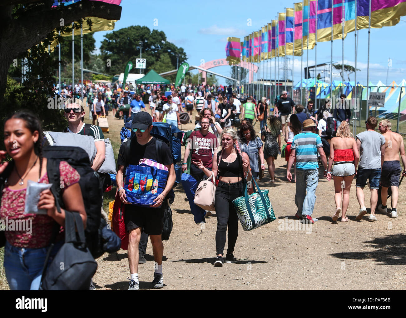 Festival goers arrive at Seaclose Park in Newport for the 50th Isle of Wight Festival  Featuring: Atmosphere Where: Newport, United Kingdom When: 21 Jun 2018 Credit: John Rainford/WENN Stock Photo