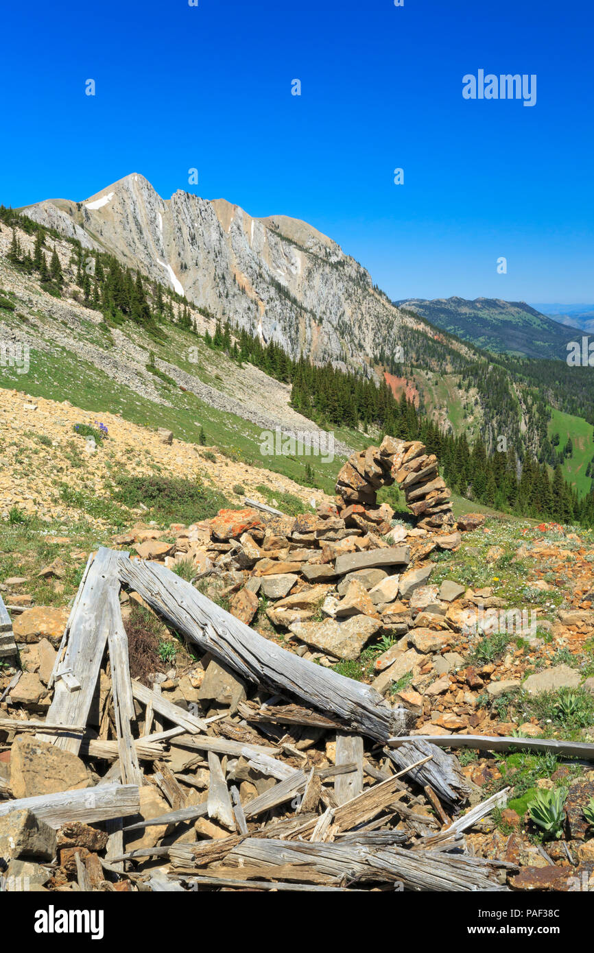 old shafthouse mine remnants and stone marker in the bridger mountains near bozeman, montana Stock Photo