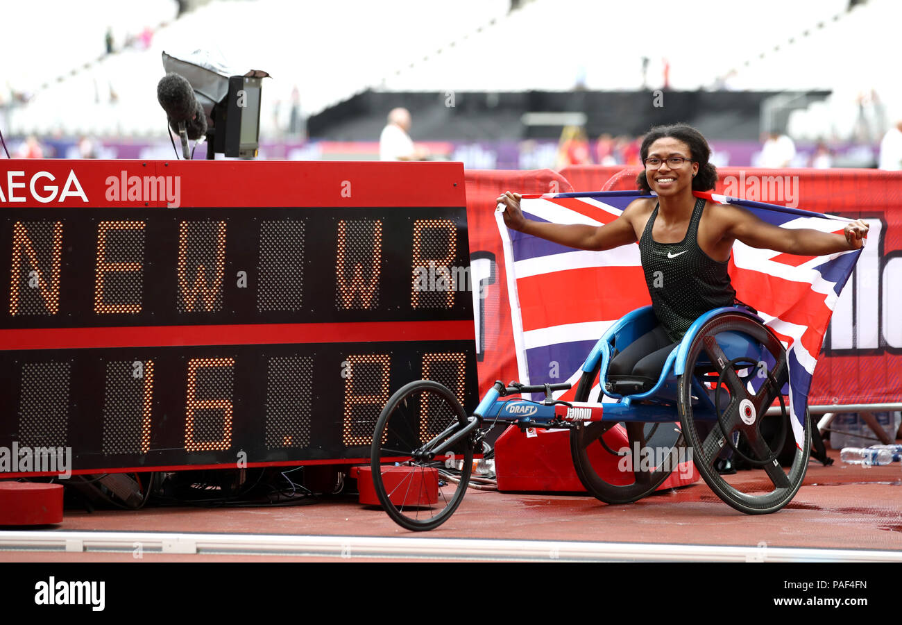 Great Britain's Kare Adenegan poses with the timing board after winning the Women's T34 100m during day two of the Muller Anniversary Games at The Queen Elizabeth Stadium, London. Stock Photo