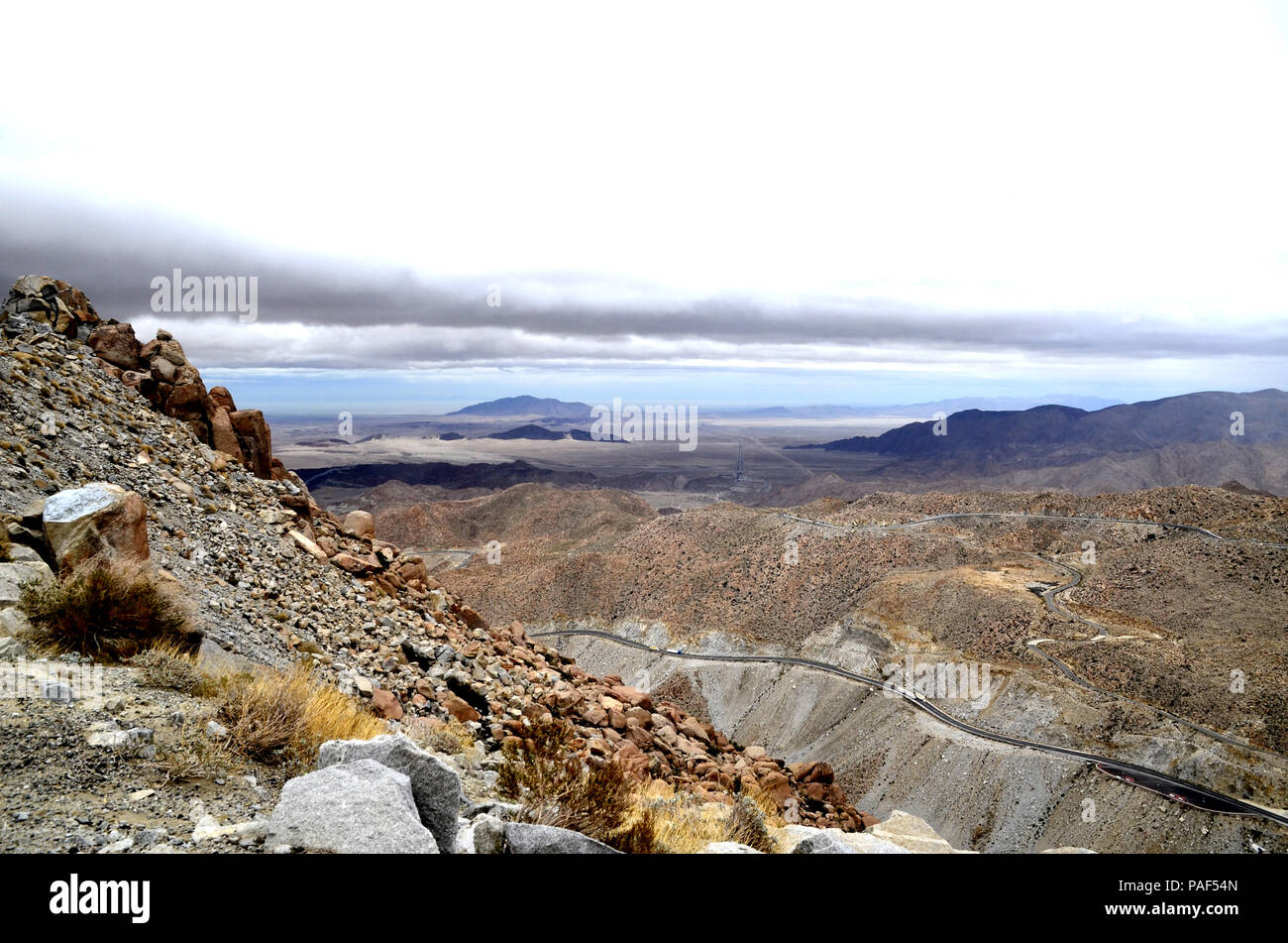 View of the Mexicali Valley and El Centinela (Mt. Signal) from the Tijuana-Mexicali Highway near in La Rumorosa, Baja California, Mexico. Stock Photo