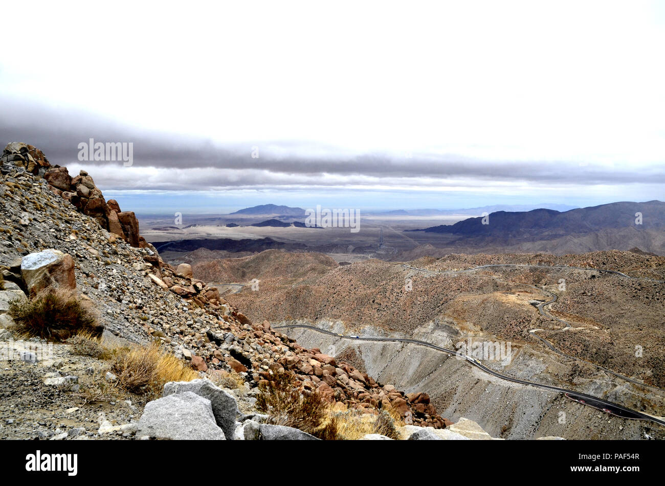 View of the Mexicali Valley and El Centinela (Mt. Signal) from the Tijuana-Mexicali Highway near in La Rumorosa, Baja California, Mexico. Stock Photo