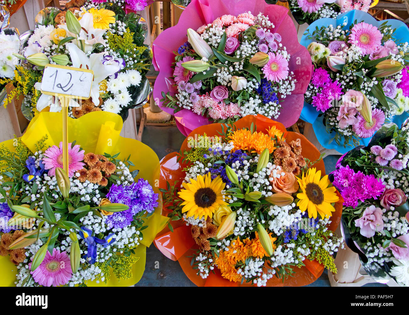 Flower market, bouquets costing 12euros. Beautiful. Overhead view Stock