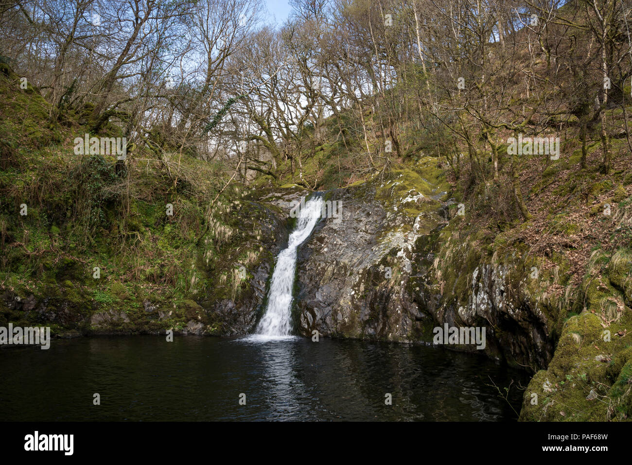 Waterfall on the Afon Dulyn near Tal-y-Bont, Conwy, North Wales, UK. Stock Photo