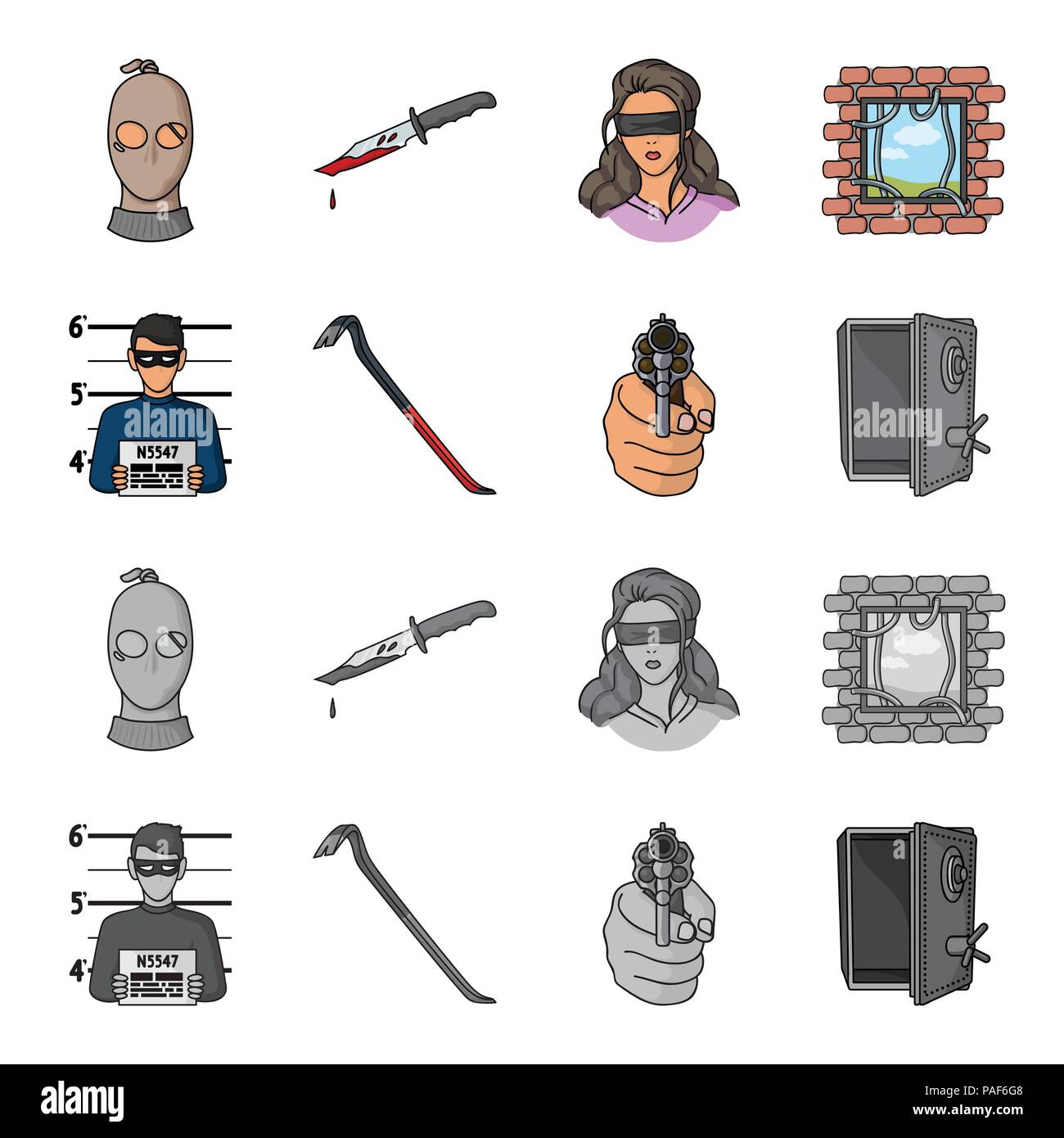Photo of criminal, scrap, open safe, directional gun.Crime set collection icons in cartoon,monochrome style vector symbol stock illustration . Stock Vector