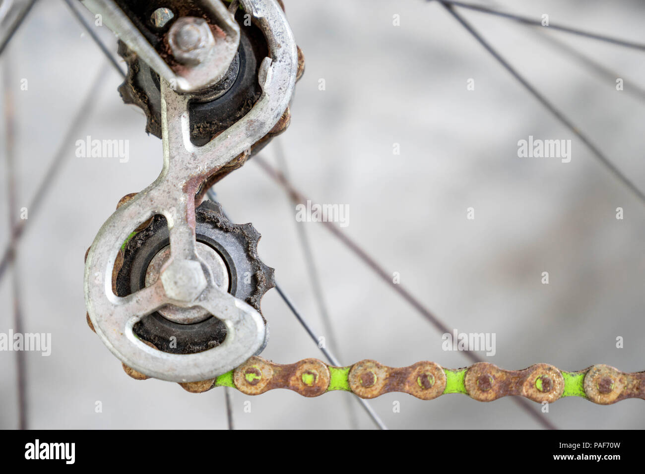 close up rusty old metal rear derailleur on rear wheel of vintage ...