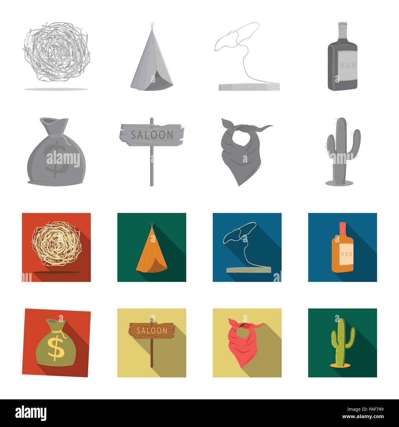 Bag of money, saloon, cowboy kerchief, cactus. Wild west set collection icons in monochrome,flat style vector symbol stock illustration . Stock Vector
