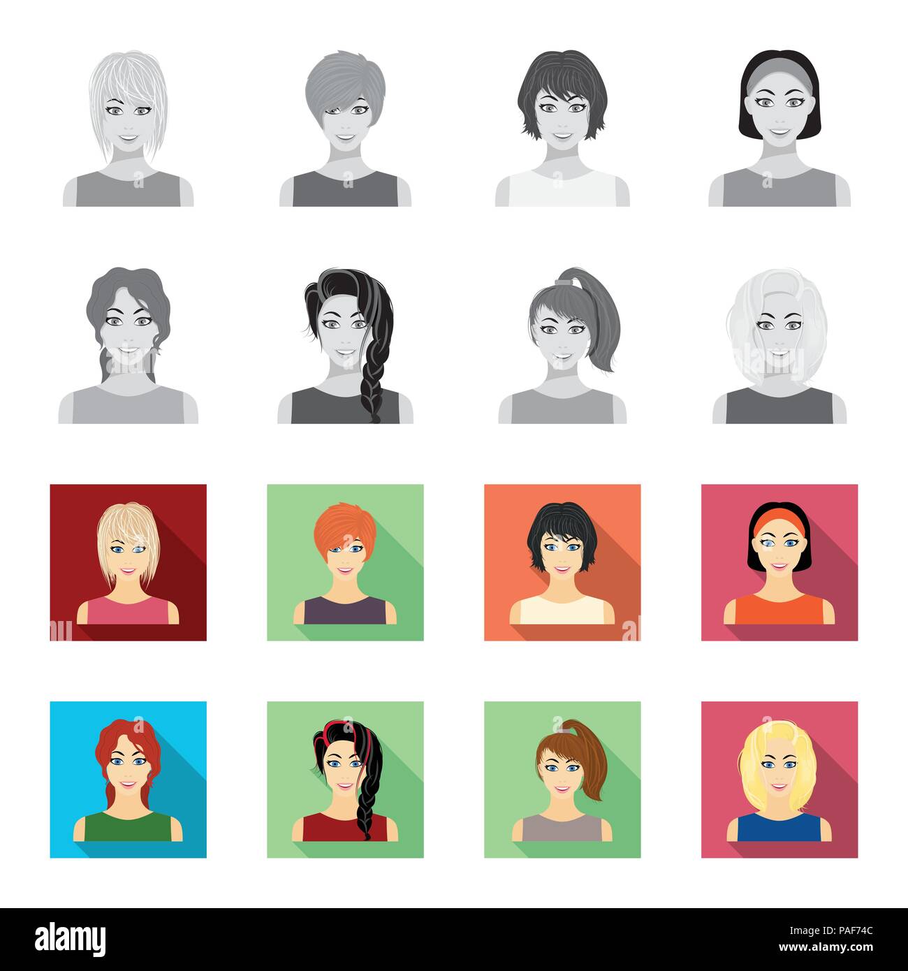 Types Of Female Hairstyles Monochrome Flat Icons In Set Collection