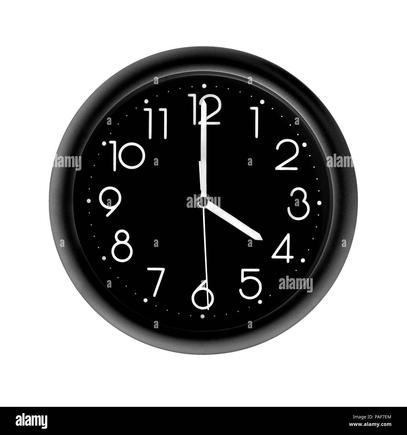 four o'clock, photo round black clock, on white background, isolated