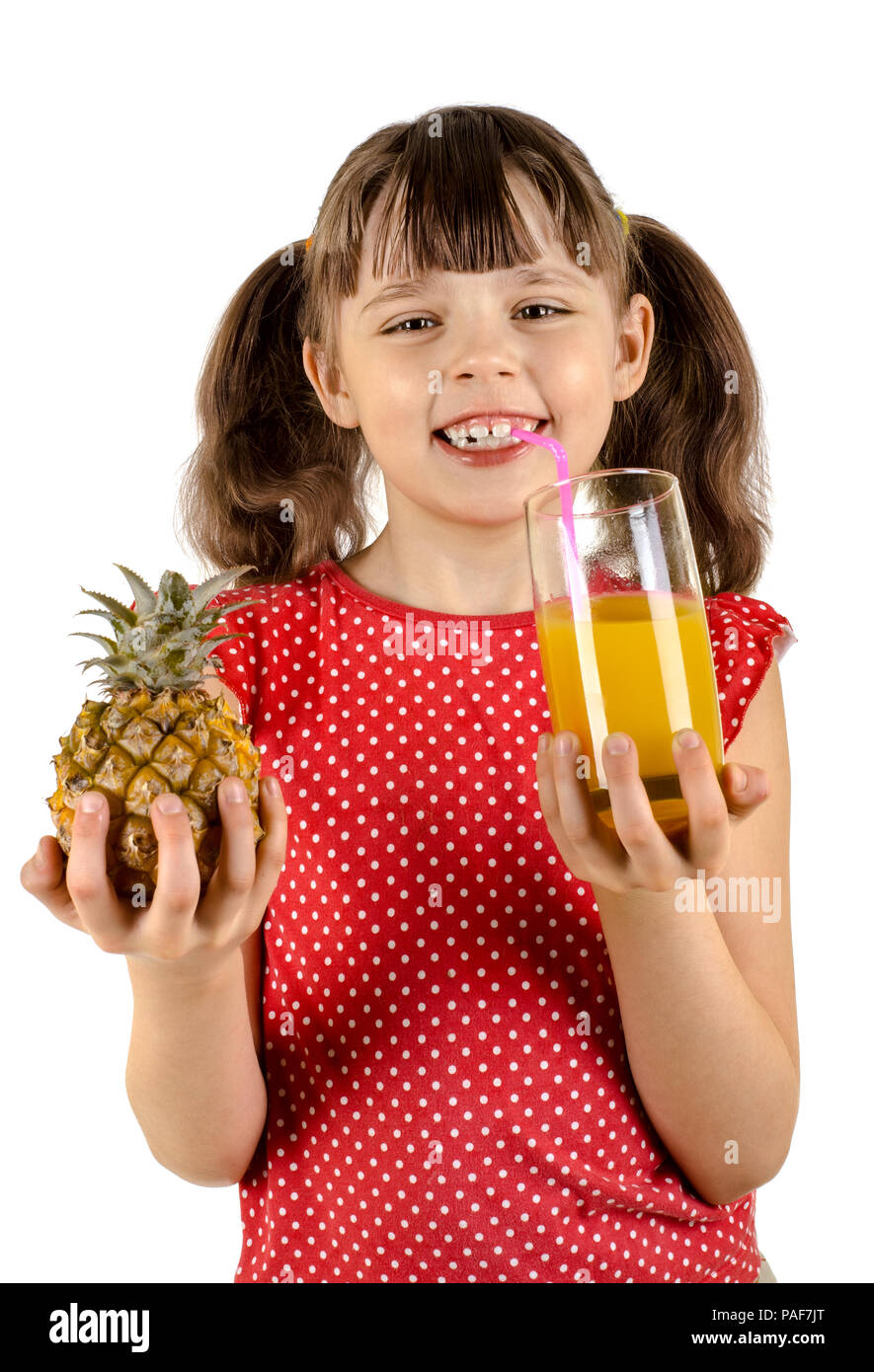 beauty happy little girl, hold glass and drink pineapple juice, on white  background, isolated Stock Photo - Alamy